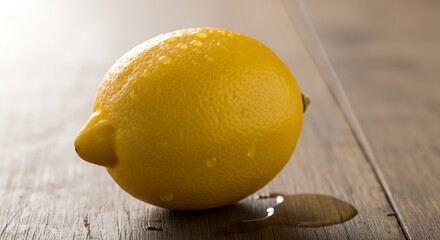 Close-up of a fresh lemon with water droplets on a wooden surface.