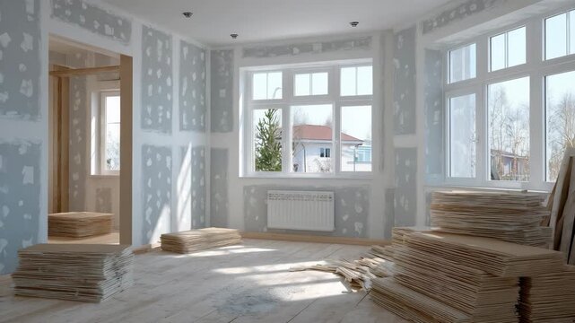 115Modern empty bedroom interior with fresh drywall walls, texture-free surfaces awaiting paint and decoration