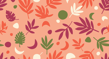 Abstract botanical seamless pattern featuring various leaves and organic shapes in warm autumn colors on a soft peach background.