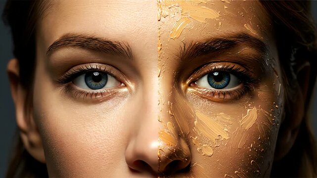 Womans face split showing skin care treatment application