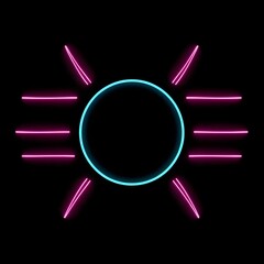 Neon Sun Illustration with Bright Pink Rays and Blue Center on Black Background