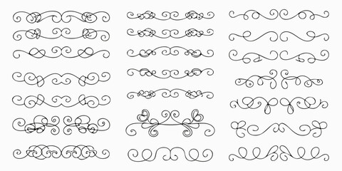 Collection of elegant hand drawn black decorative flourishes and dividers on a white background
