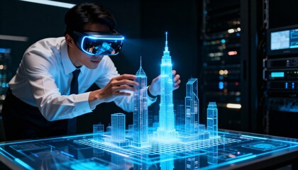 Architect using virtual reality and holographic technology to design futuristic smart city buildings in a digital environment.