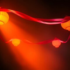 Colorful Red Lanterns and Ribbons Hanging in Night Scene for Celebration and Festival Decor