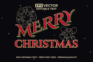 Merry Christmas Editable Text Effect Design Vector Graphic Style with Christmas Wreath and Christmas Bells on Dark Background.