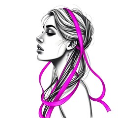 Stylish Woman Portrait with Pink Ribboned Hair Artistic Illustration