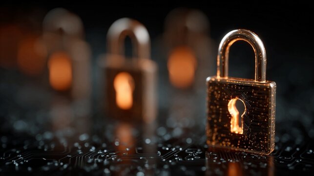 Secure digital data with glowing lock icons representing cybersecurity, protection, and network safety in a modern, abstract design - Powered by Adobe
