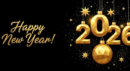 Sparkling golden 2026 New Year's Eve celebration with festive ornaments and stars on elegant black background, perfect for holiday greetings and stylish seasonal promotions