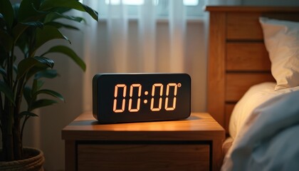 Digital clock displays zero time on bedside table at night. Time symbolizes beginning of new day new era. Clock is on nightstand near bed in room.