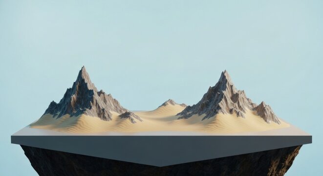 Miniature landscape featuring jagged mountains and sandy dunes against light sky - Powered by Adobe