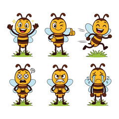 Set of Cartoon Bee Mascot Characters with Various Emotions and Poses.