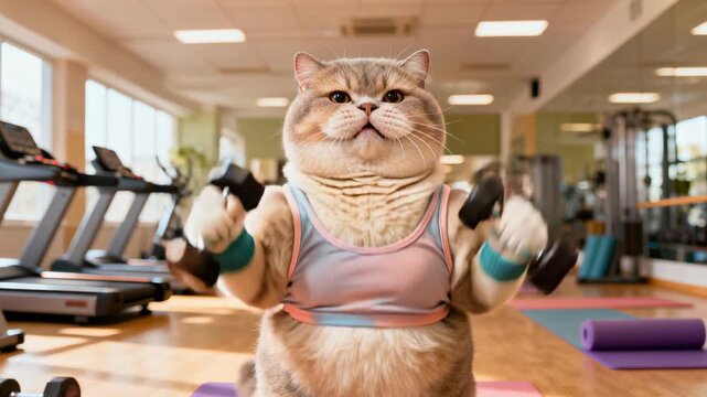 Chubby cat in fitness outfit lifting dumbbells in gym environment with exercise equipment and yoga mats. Humorous fitness concept with cat performing strength training.
