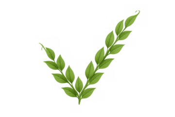 Green leaves forming a check mark, symbolizing success, approval, and organic quality on a transparent background