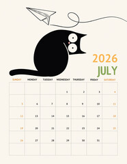 Playful Black Cat Calendar 2026 &ndash; July Page