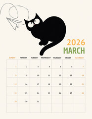 Playful Black Cat Calendar 2026 &ndash; March Page