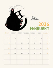 Playful Black Cat Calendar 2026 &ndash; February Page