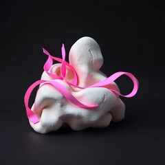 Abstract White Sculptural Form with Bright Pink Ribbon Accents on Dark Background