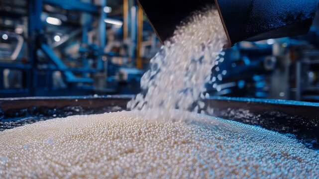 151Polymer beads falling from industrial hopper into processing unit, close-up focus on flow of shiny uniform pellets
