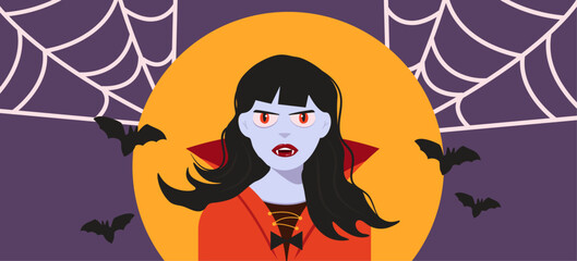 halloween banner template with vampire woman vector flat illustration