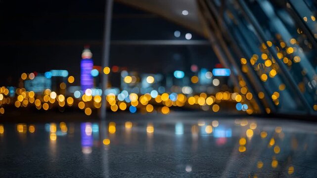154Close-up of vibrant bokeh lights reflecting on polished airport floors, modern architectural lines of Hamad International framing the scene