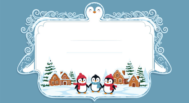 Charming winter scene with adorable penguins and cozy gingerbread houses, perfect for holiday invitations and festive greetings