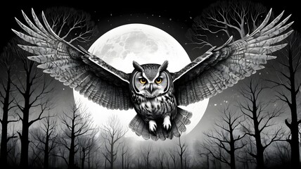 Dark Night Owl Flying in Front of Full Moon Over Silent Forest