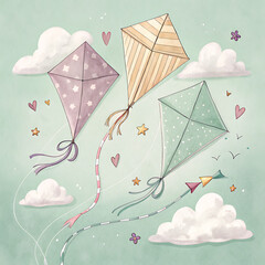 Whimsical watercolor kites dancing in the sky with fluffy clouds and tiny butterflies illustration