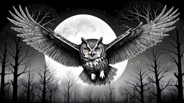 Dark Night Owl Flying in Front of Full Moon Over Silent Forest