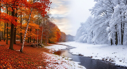 Split image showing autumn forest and winter snow landscape