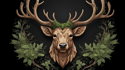 Stylized Geometric Deer Head with Antlers Surrounded by Green Leaves and Moss on Black Background