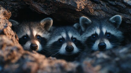 Obraz premium Three baby raccoons in tree hollow