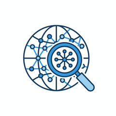 Obraz premium Modern minimalist vector of globe connected with nodes and magnifying glass analyzing data network. Represents global data science, digital transformation, and analytics.