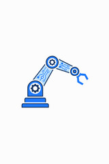 Minimalist line vector icon of robotic arm with gear and circuit connection, representing robotics, automation, and Industry 4.0 technology. Clean thin-line style, blue monochrome.