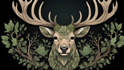 Stylized Deer Head with Large Antlers Surrounded by Green Foliage Artistic Illustration