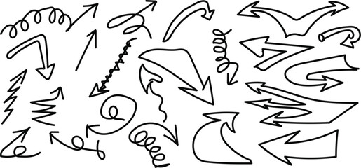 Hand drawn rough sketch style arrows and pointers collection A diverse set of hand-drawn arrows, direction pointers, and cursors in a rough sketch doodle style, perfect for adding visual emphasis.