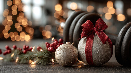 Bright holiday decorations combined with weights, ribbons, and lights, creating a festive atmosphere in a gym during the Christmas season. Fitness. Christmas and New Year greetings