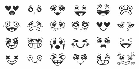 Collection of hand drawn cartoon faces expressing various emotions and feelings
