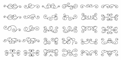 Collection of elegant black hand drawn flourish ornaments and decorative borders on a white background