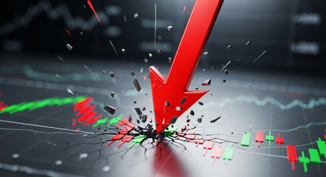 Dramatic red arrow crashing through stock market graph signifies financial crisis, market crash, and economic downturn impacting global investments