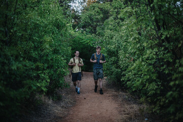 Obraz premium Two friends trek a dirt path through lush green woods, wearing backpacks and casual outdoor gear. The peaceful forest setting conveys fitness, exploration, and companionship during a nature outing.