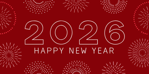 Happy new year 2026 with festive fireworks display on red background