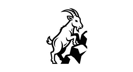 Majestic Mountain Goat Standing on Rocky Peak in Black and White.