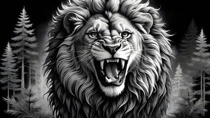 Majestic Roaring Lion with Fierce Expression in Monochrome Forest Scene