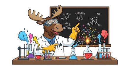 A cartoon moose wearing lab goggles and coat, pointing at a chalkboard with chemical diagrams amidst colorful explosions, beakers, and test tubes