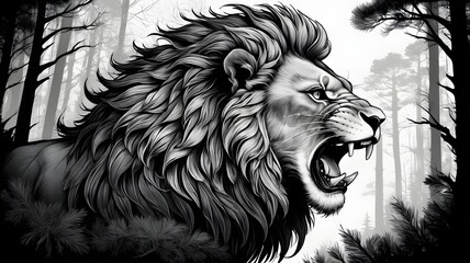 Majestic Black and White Lion with Fierce Roar in Forest Scene