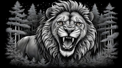 Majestic Gray Lion Roaring in Dark Forest with Tall Trees and Starry Night Sky