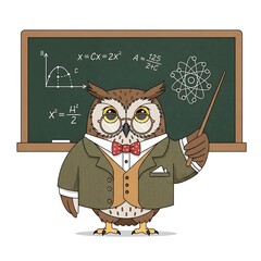A cartoon owl, wearing a professor's outfit, stands before a chalkboard with math equations and a diagram. He holds a pointer
