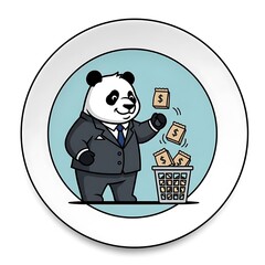 A cartoon panda in a suit throws money bags into a trash can, set against a light blue backdrop within a white circle