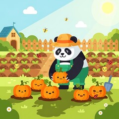 A cartoon panda harvests pumpkins in a sunny garden with a fence, bees, and a small house