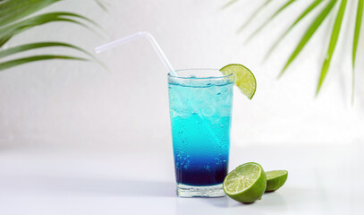 Blue Hawaiian Drink with lime, Blue hawaii cocktail on white  background